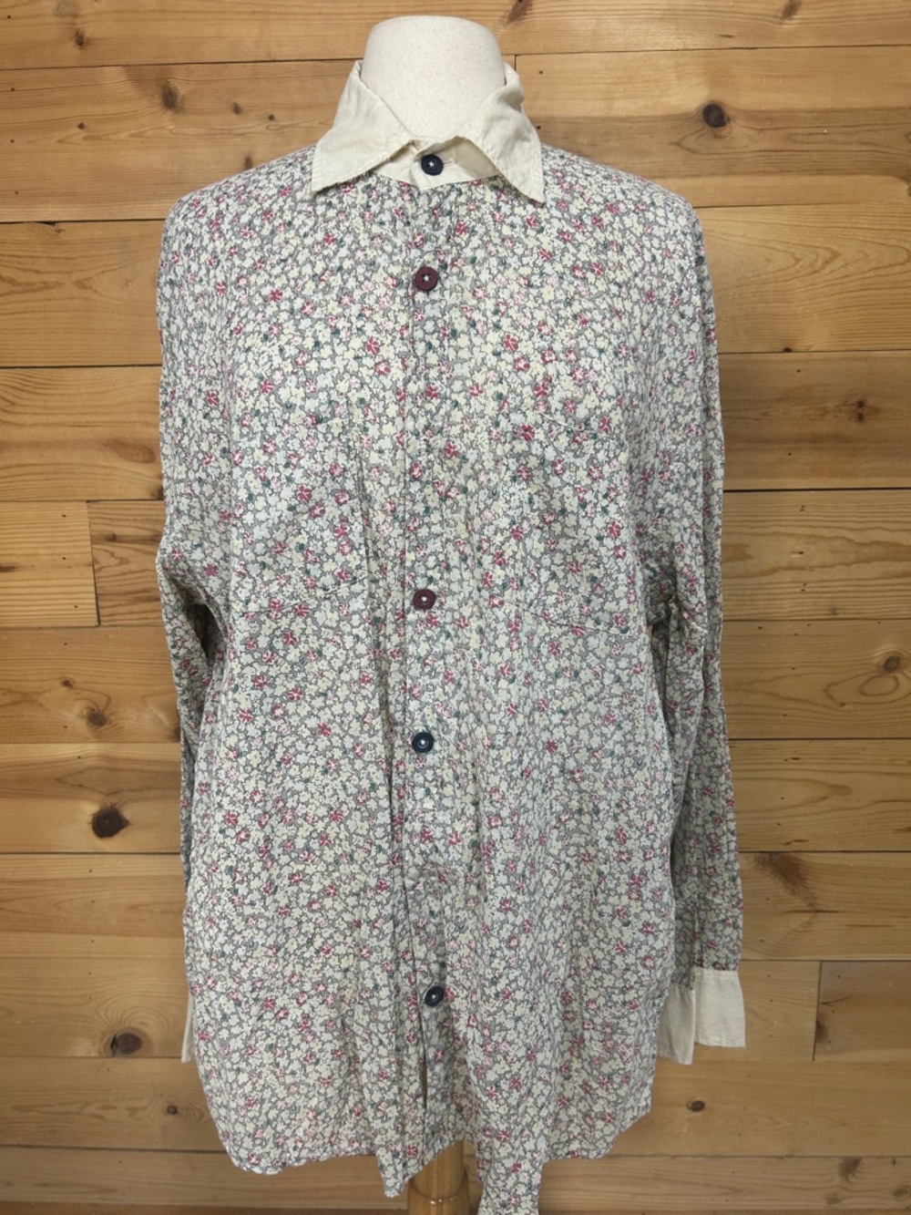 EUC Magnolia Pearl blue gray cream Floral Button-Up Boyfriend Blouse shirt tunic
